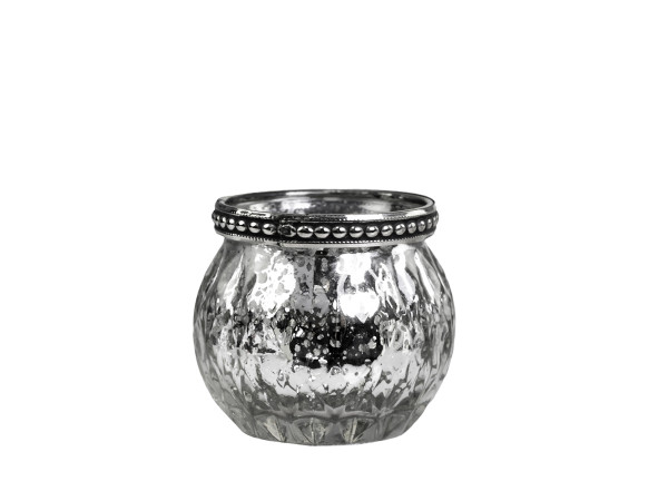 Teelichtglas mit Perlenkante antique silber, Chic Antique